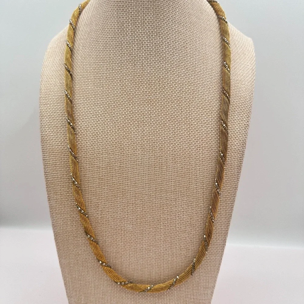Vintage 80s Two Tone Gold Silver Twisted Mesh Rope Chain‎ Necklace Retro Jewelry